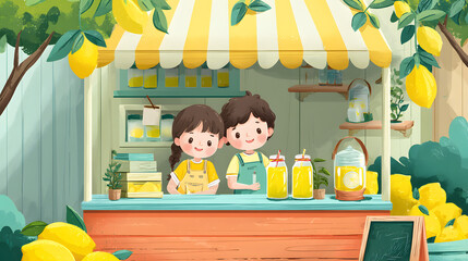 A vibrant, cartoon-styled illustration of a lemonade stand run by two children, filled with sunshine and the promise of summer refreshment.