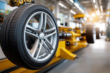 Close-up of car wheel in modern automobile factory