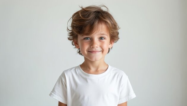 Happy young boy with blue eyes, curly brown hair wears white t-shirt. Smiles brightly against clean white background, offering cheerful expression. Ideal for concepts of childhood, happiness, youth.