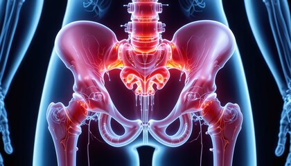 Detailed anatomical illustration of a human hip joint.