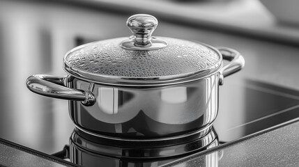 Stainless steel cooking pot on electric stove in black and white