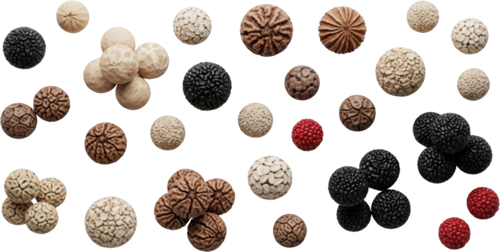 Collection of textured spherical objects in various colors and patterns on black transparent background