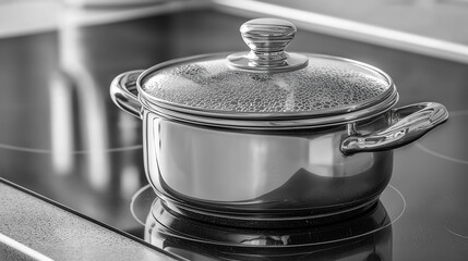 Stainless steel cooking pot on electric stove in black and white
