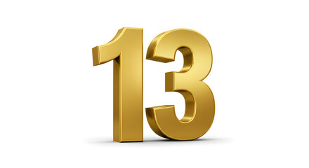 Lucky Golden Number Thirteen Shining on Clean White Background