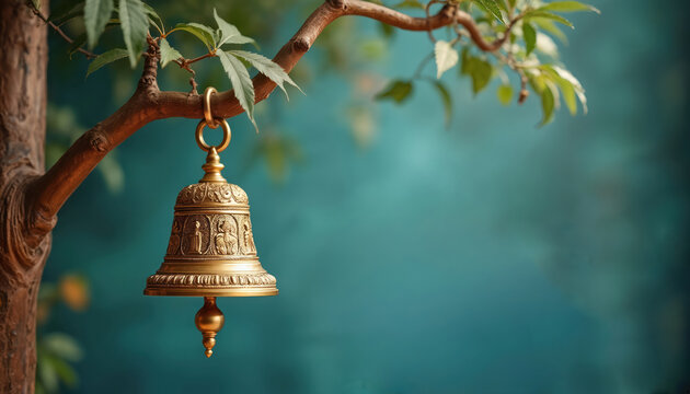Ornate golden bell hangs from tree branch near rich green leaves. Intricate carvings on metal object evoke spiritual calm and meditation. Ideal for themes of peace, religion, and Asian culture.