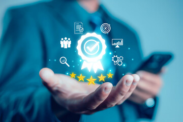 Hand shows sign of top service Quality assurance, Guarantee, Standards, ISO certification and standardization concept, satisfaction, service experience, show the standards of products and services.	
