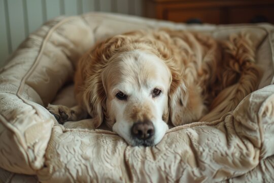 Restful dog in bed shows clear care routines, pet aging support, and a sense of home comfort.