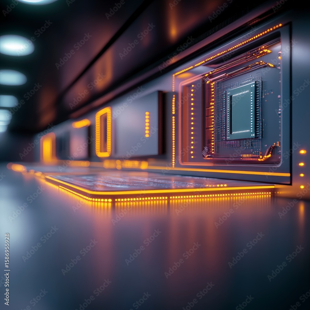 Poster futuristic computer architecture: a striking low-angle perspective captures the glowing intricacies 