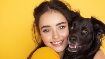 Happy young woman hugging her dog on yellow background