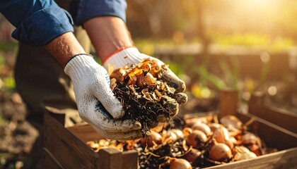 Hands in gloves holding onion scraps and soil, beside a wooden crate of onions