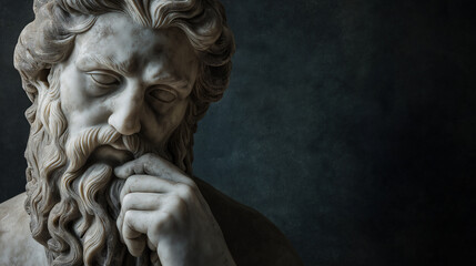 Ancient Greek philosopher bust sculpture with dramatic lighting
