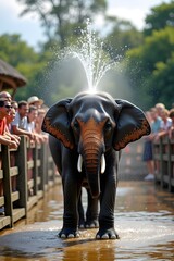 Joyful elephant spraying water at ethical sanctuary with rainbow mist, tourists watching from safe wooden platform — wildlife tourism at its best
