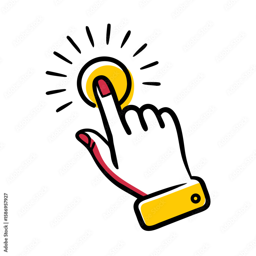Poster stylized hand pressing a yellow button illustration on transparent background for ui design and inte