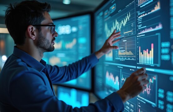 Researcher analyzes complex data on climate change in modern high-tech control room. Displays show graphs, statistics, trends. Expert uses digital screens for information, research, potential