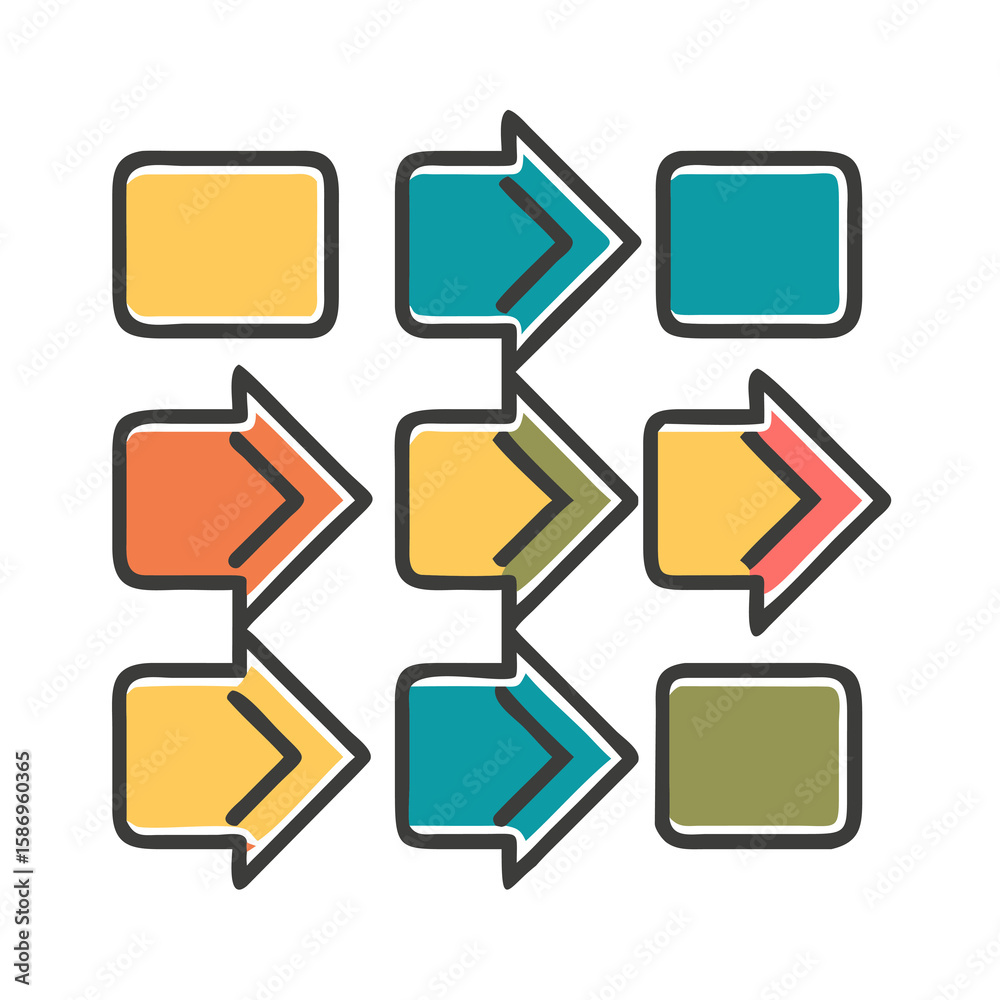 Poster a colorful grid of directional arrow icons in square frames on a transparent background for user int