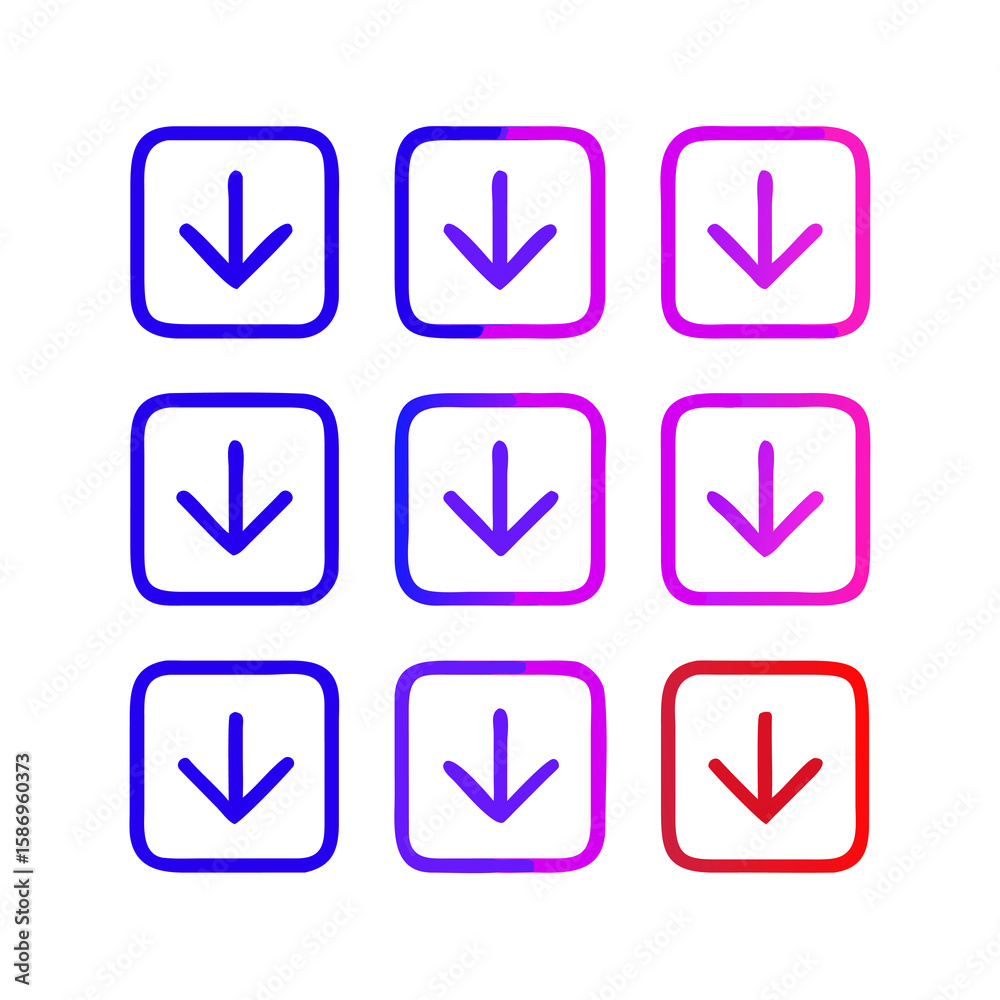 Poster a gradient of downward arrow icons in square frames on a transparent backdrop indicating download, d