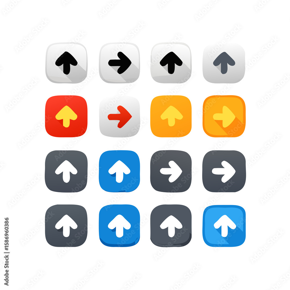 Poster collection of arrow icons in various styles and colors for user interface design, navigation element
