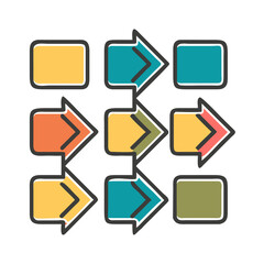 A Colorful Grid of Directional Arrow Icons in Square Frames on a Transparent Background for User Interface, Navigation, and Graphic Design Elements