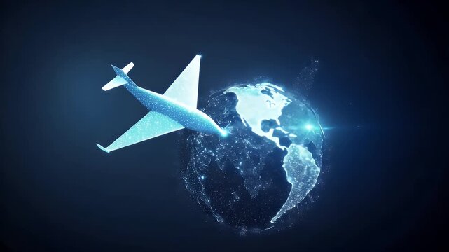 A low-poly airplane flies near a glowing, pointillistic Earth, showcasing global travel and connectivity against a dark blue background