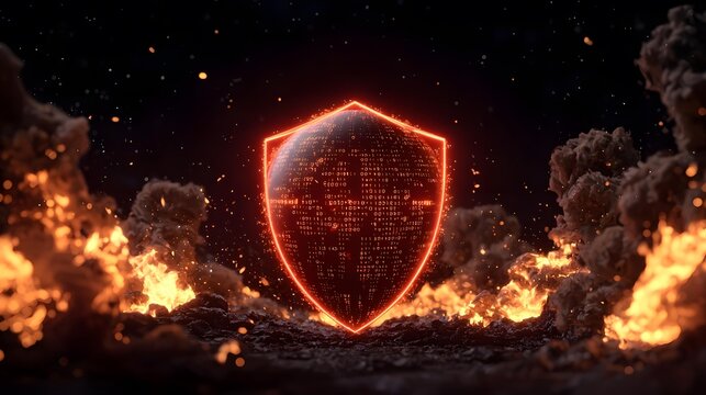 A glowing digital shield, composed of binary code, stands resilient amidst a fiery, smoky inferno.