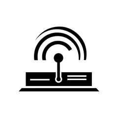 A black stylized illustration of a radio antenna base and signal waves on a white background