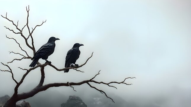 A sculptural clay art piece portraying three crows on a barren tree in a misty mountain landscape. The piece emphasizes modeled shapes and textures, with low visibility due to thick fog 