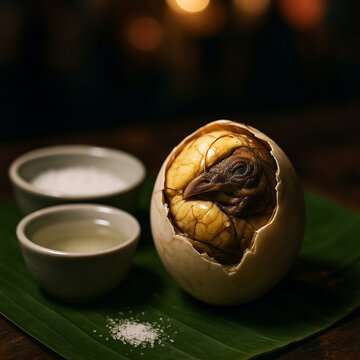 Traditional Filipino Balut with Salt and Vinegar on Banana Leaf
