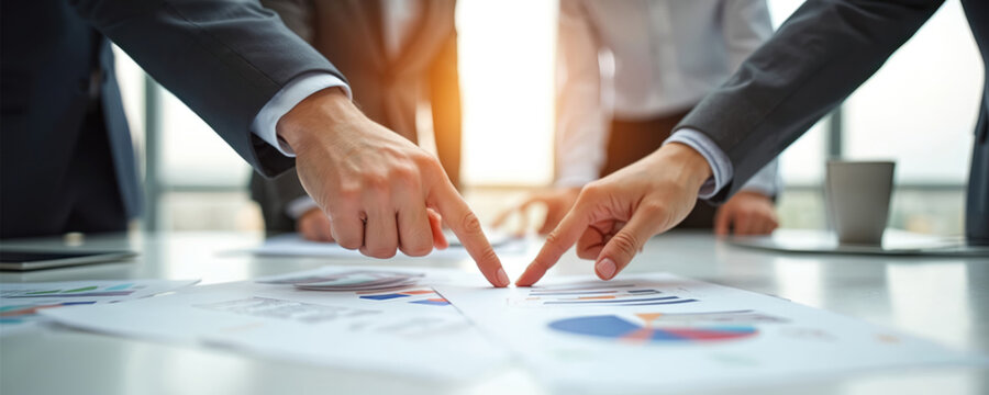 Businesspeople collaborating on meeting table, pointing at charts, graphs. Teamwork in office setting, focusing on shared business goals, financial planning. Professionals analyze data for strategy,