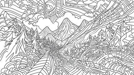 Fototapeta premium Detailed mountain landscape design for coloring book.