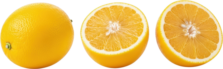 Close up view of a whole orange and two orange halves vibrant citrus fruit segments transparent background