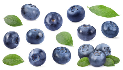 Fresh blueberries and green leaves isolated on white, collage