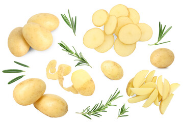 Fresh raw potatoes and rosemary on white background, collage