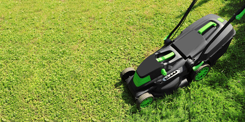 Lawn mower on lush bright green grass outdoors, banner design