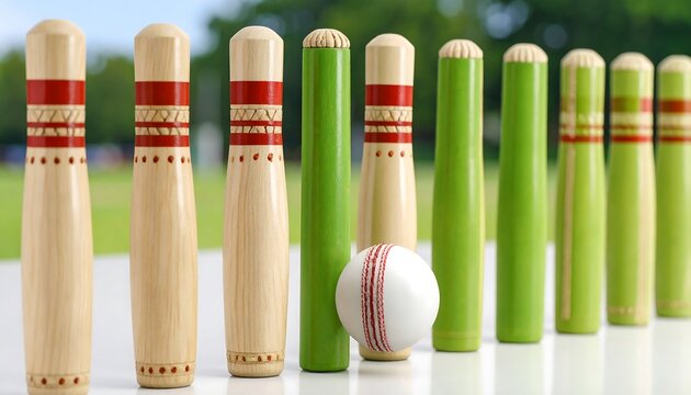 Wooden cricket skittles with a ball about to strike