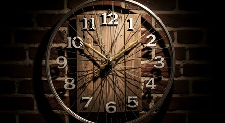 Obraz premium Rustic bicycle wheel clock with wooden face mounted on a brick wall