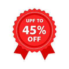Enticing Up to 45% Off Discount Badge with Ribbon on Transparent Backdrop, Ideal for Retail Promotions and Special Offers, Encouraging Savings and Purchase Decisions