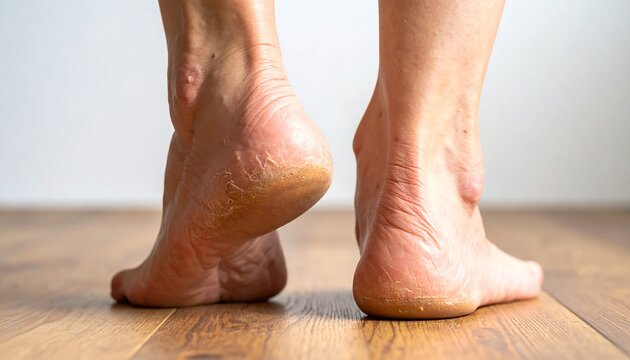 Close-up of cracked heels on bare feet