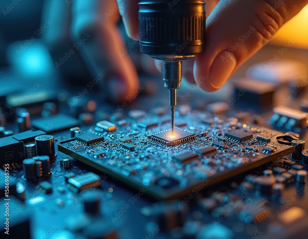 Poster precision robotic arm assembling microchip on circuit board. close-up of advanced technology in elec