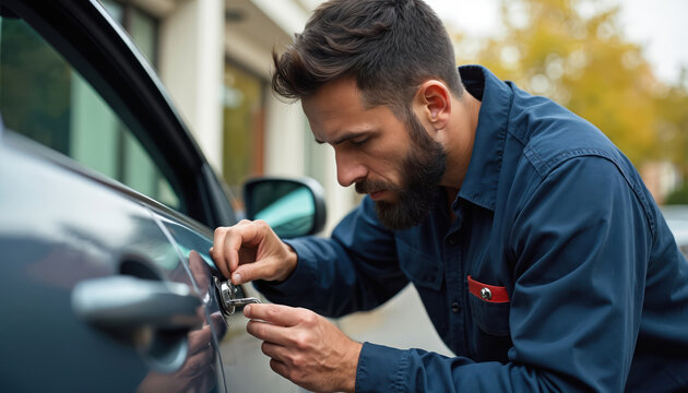 Pro locksmith expertly unlocks car door in residential area. Focused man with beard in blue uniform uses tools for vehicle entry. Provides auto assistance and security solutions.
