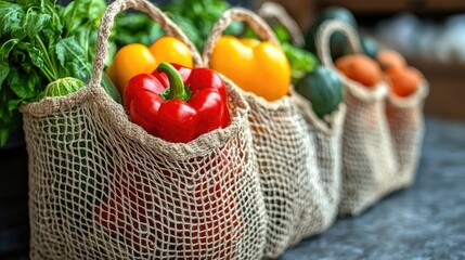 Eco-Friendly Grocery Shopping with Reusable Bags Filled with Fresh Vegetables and Fruits