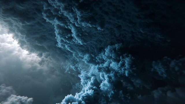 cinematic animation, endless loop of a rising wall of dense smoke and steam, dynamic swirling motion, dark background, ethereal blue and gray light, ultra-realistic, atmospheric