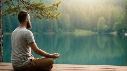 Bearded man meditating in nature on a wooden dock by a lake. Practicing yoga and mindfulness for wellness and relaxation in a serene forest setting. - Powered by Adobe