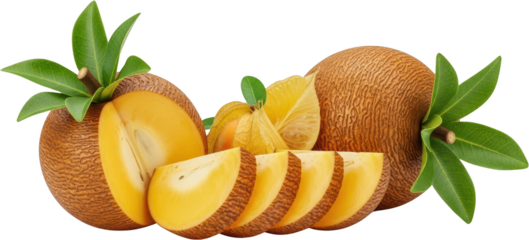 Two whole sapodilla fruits with one sliced and fanned out with physalis and citrus slices transparent background
