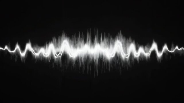 cinematic animation, monochrome voice record, artificial intelligence, waveform equalizer, visualizing audio wave, white pulsating signal on black background