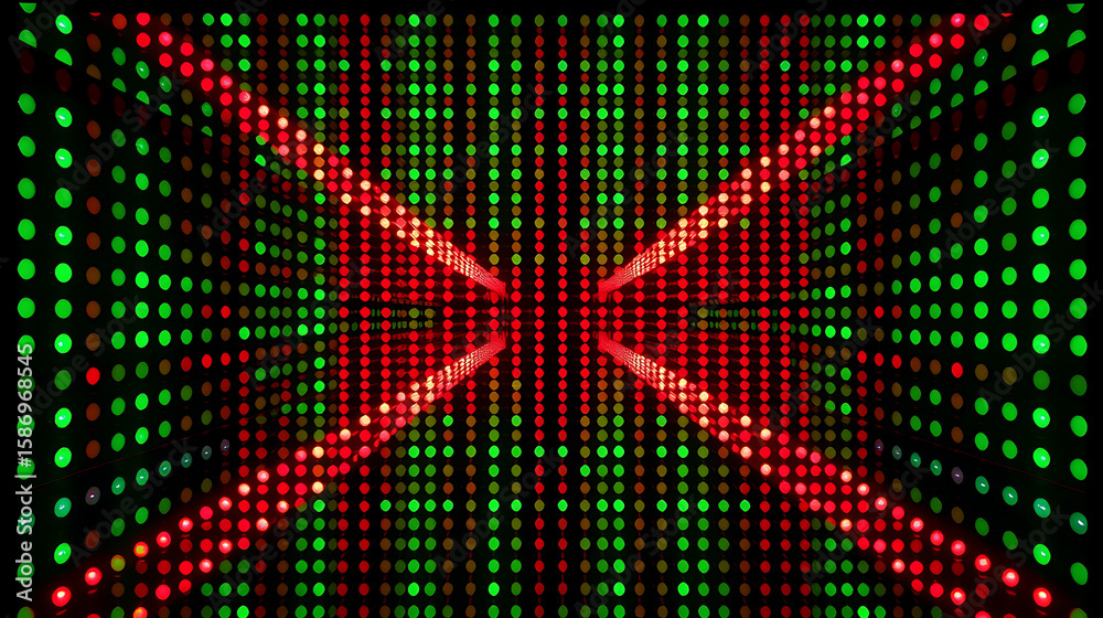 Poster luminous grid with vibrant red and green dots creates a dynamic, futuristic tunnel visual effect, us