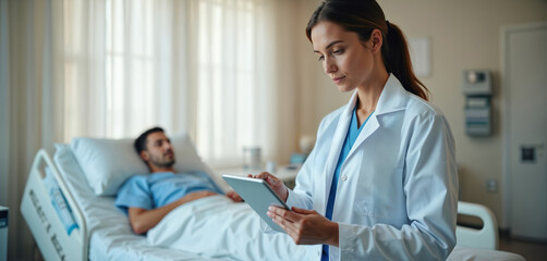 Obraz premium Doctor uses tablet in hospital room with patient in bed. Medical pro reviews digital chart for patient diagnosis and treatment plan. Healthcare technology advances patient care and wellness.