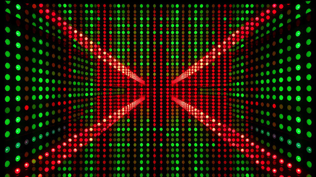 Luminous grid with vibrant red and green dots creates a dynamic, futuristic tunnel visual effect, useful for abstract concepts.