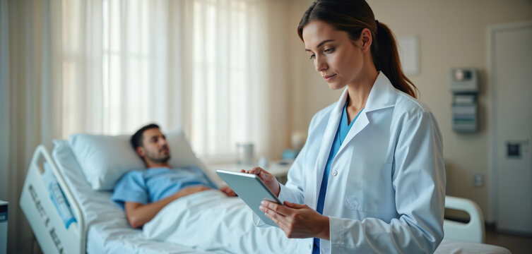 Doctor uses tablet in hospital room with patient in bed. Medical pro reviews digital chart for patient diagnosis and treatment plan. Healthcare technology advances patient care and wellness. - Powered by Adobe