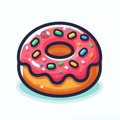 A cartoon donut with pink frosting  colorful sprinkles