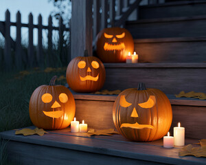A photograph depicting a family of spooky carved Halloween pumpkins with glowing faces on wooden steps at night, a festive autumn decoration.